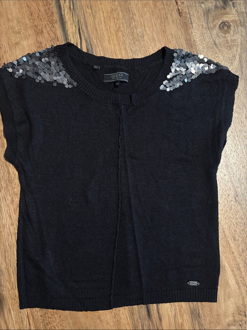 Guess Charcoal Short Sleeve Sweater with Silver Sequined Shoulders
